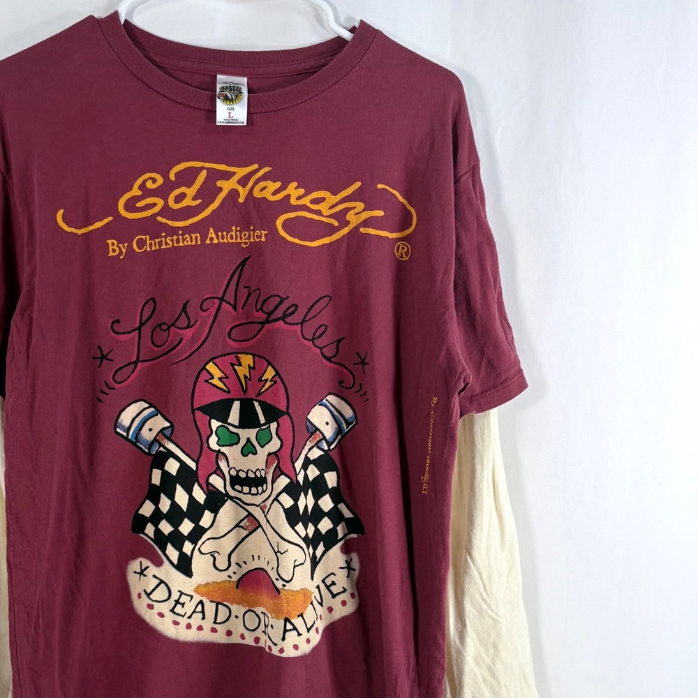 Ed Hardy by Christian Audigier Shirt Burgundy LA Skull Layered Long Sleeve L